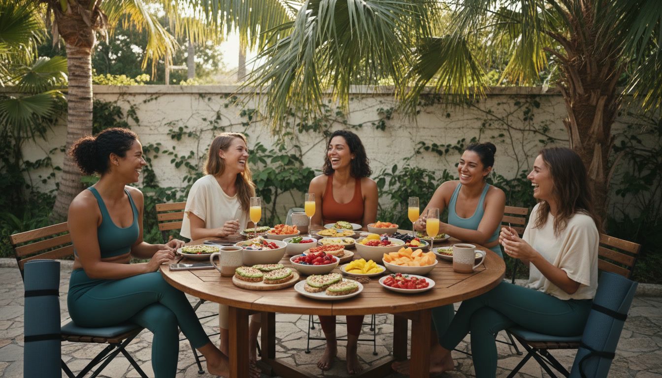 Friends laughing around a full brunch table on a shaded patio after a Pilates class