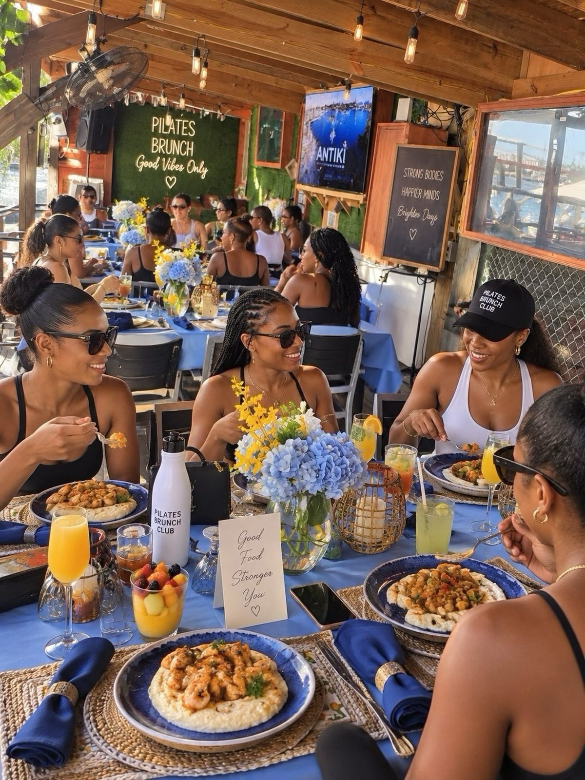 Guests sharing a Pilates Brunch table with plates of food, flowers and mimosas