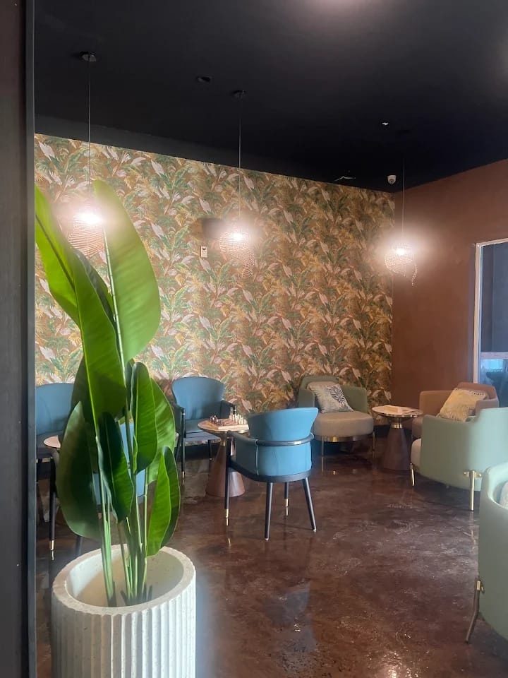The ROOTZ lounge: tropical wallpaper, pendant lights and a tall plant