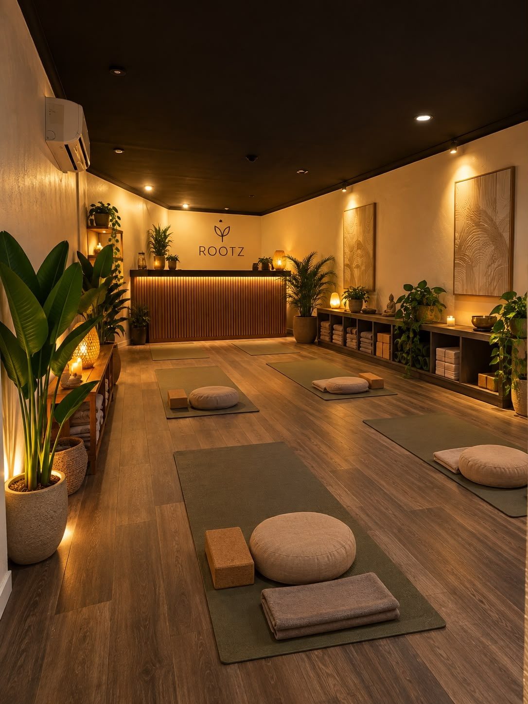 Design render of the movement room: mats and floor cushions, plants and warm lighting